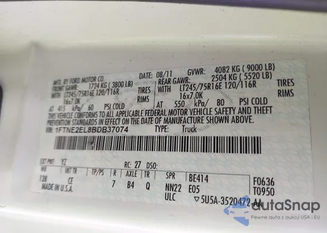 2011 Ford E-250 Commercial z USA, uszkodzony, nr VIN 1FTNE2EL8BDB37074